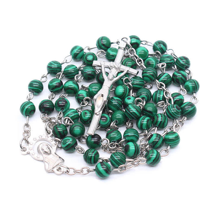 Olivenorma Natural Malachite Cross Rosary Necklace