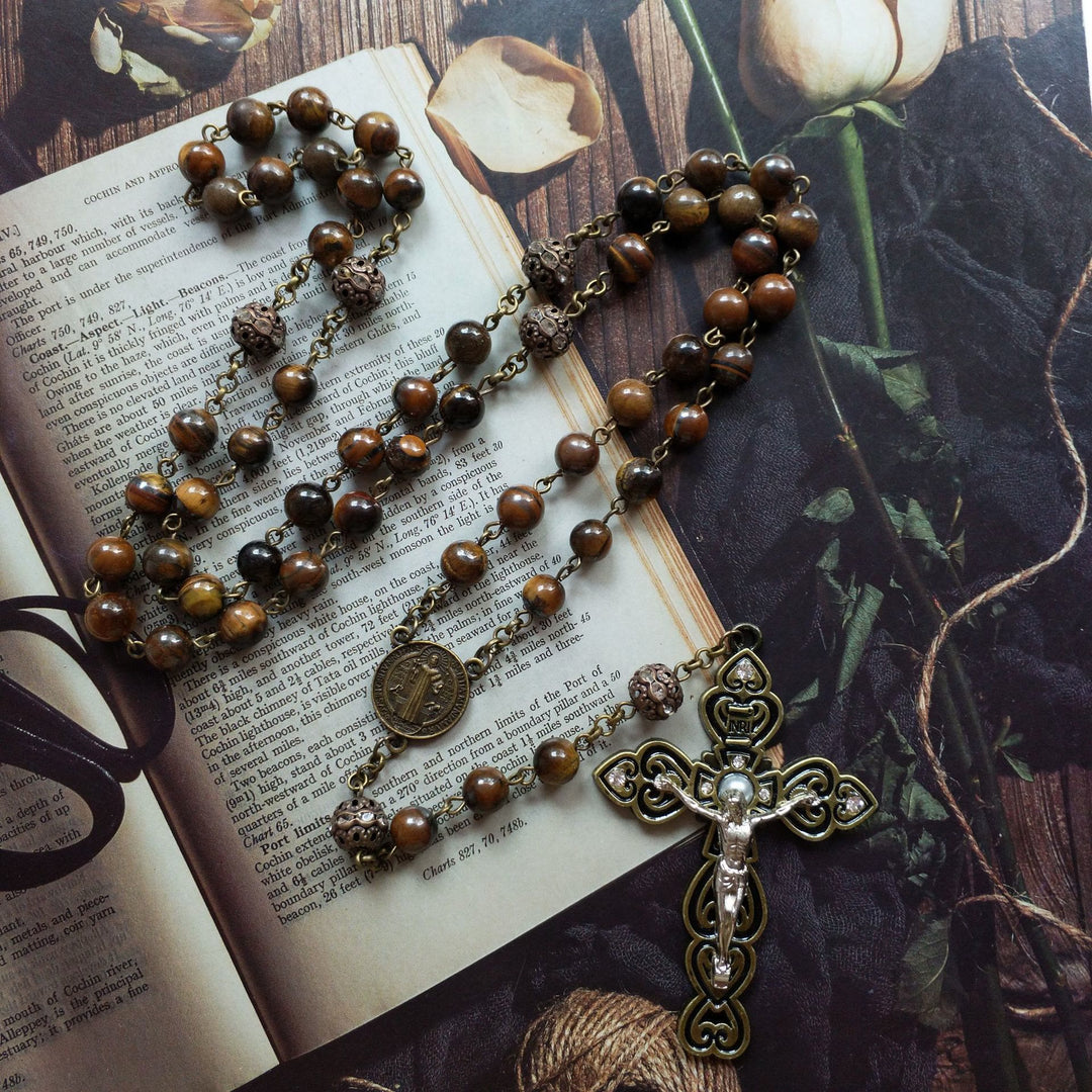 Olivenorma Grade A Tiger Eye Cross Pendant Rosary Necklace