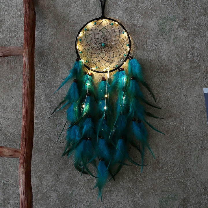 Olivenorma Turquoise Beaded Braided Floral Blue Feather Dream Catcher