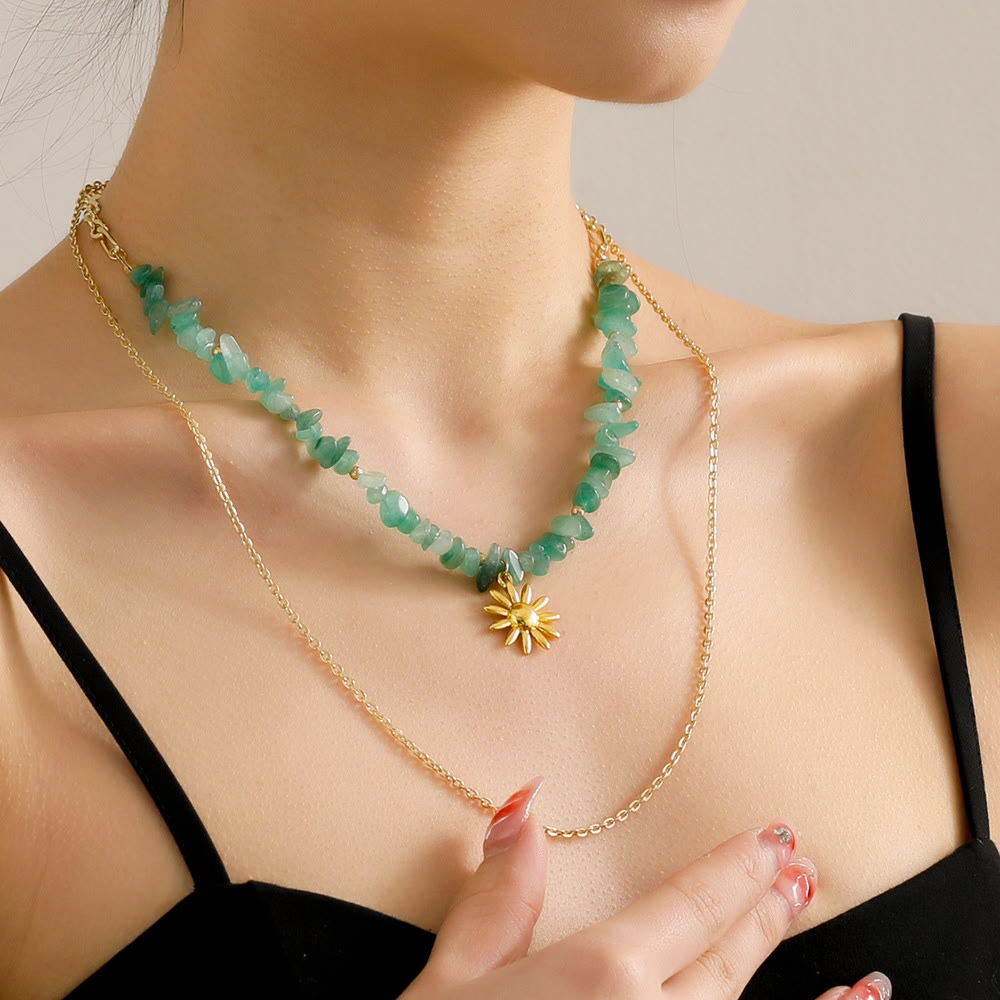 Olivenorma Natural Amazonite Sun Pendant Double Layer Necklace