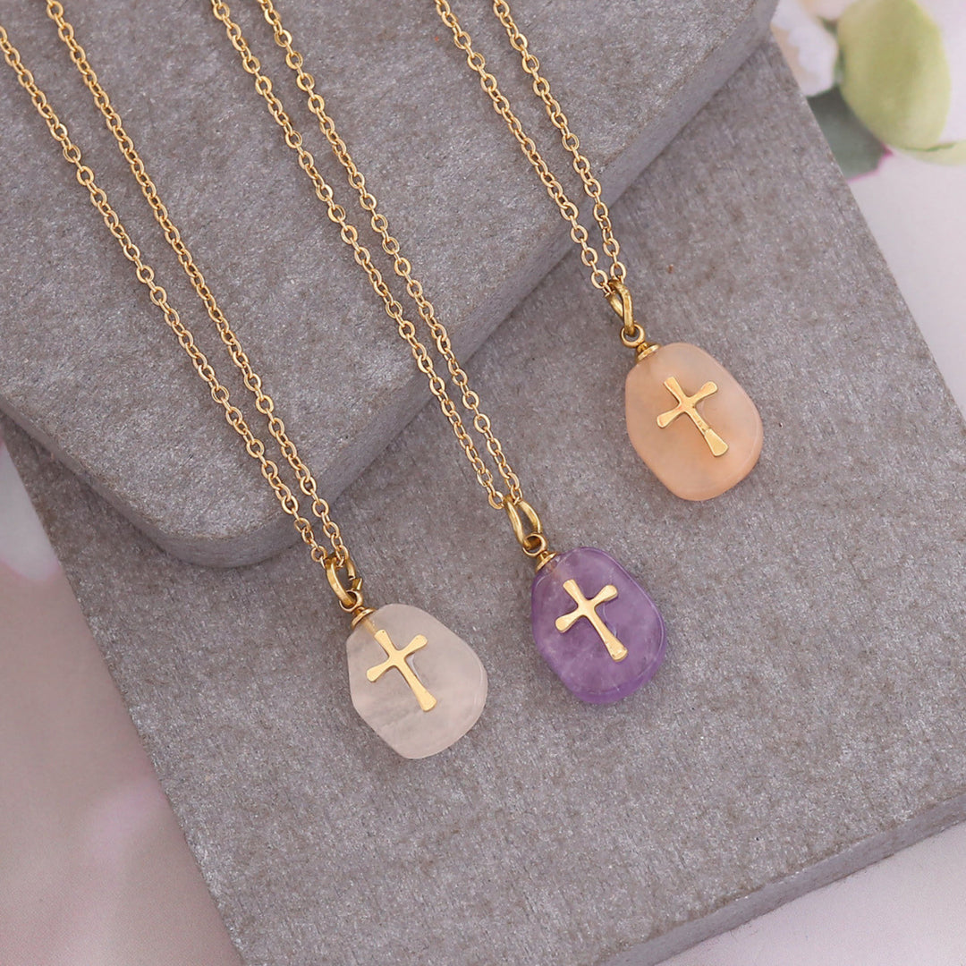 Olivenorma Natural Stone Cross Pendant Necklace