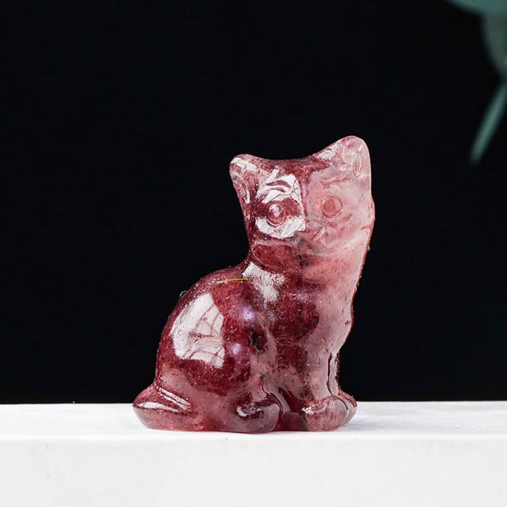 Olivenorma Natural Crystal Lucky Cat Carved Gemstone Decoration - Strawberry Quartz - image 4