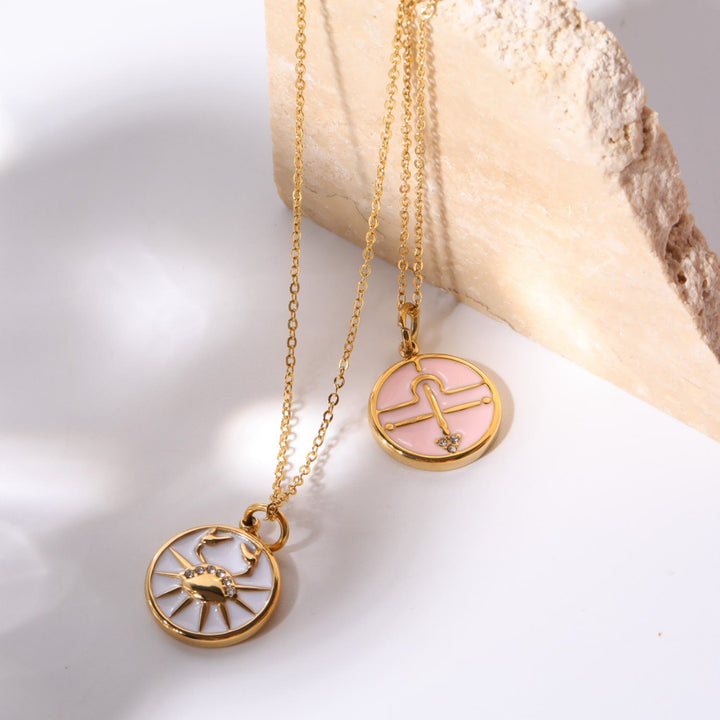 Olivenorma White Zircon Vintage Zodiac Stainless Steel 18k Necklace