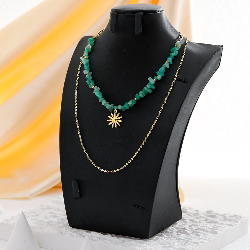 Olivenorma Natural Amazonite Sun Pendant Double Layer Necklace