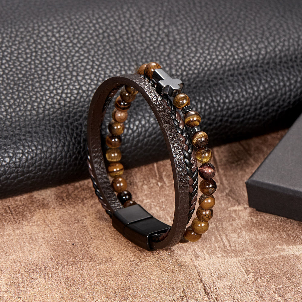 Olivenorma Natural Stone Beads Braided Leather Mens Bracelet - Tiger Eye - image 1