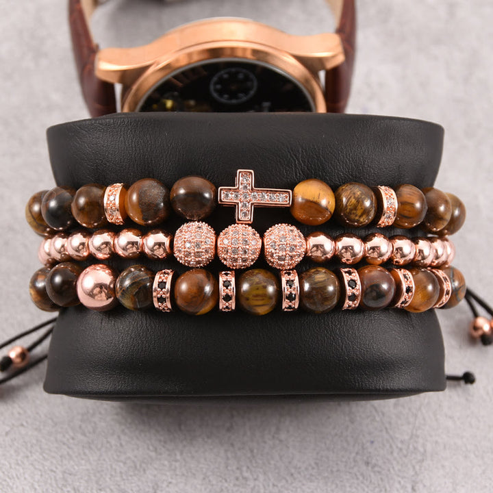 Olivenorma 3Pcs/Set Tiger Eye Stone Beaded Men Cross Bracelet