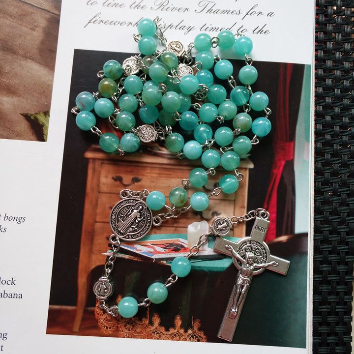 Olivenorma Amazonite Medal Silver Cross Rosary Pendant Necklace