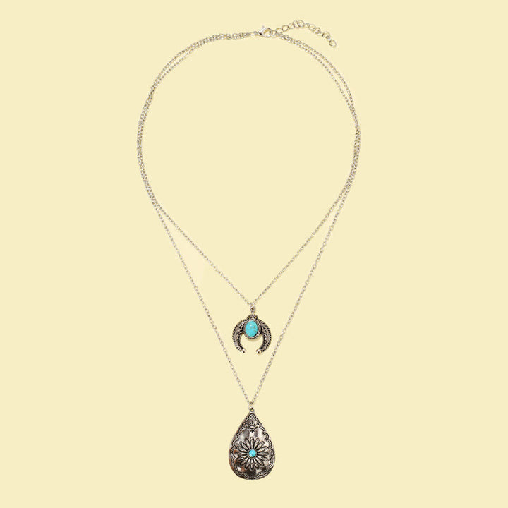 Olivenorma Turquoise Drop Carved Double Layer Pendant Necklace