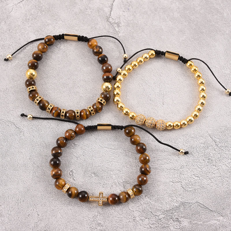 Olivenorma 3Pcs/Set Tiger Eye Stone Beaded Men Cross Bracelet