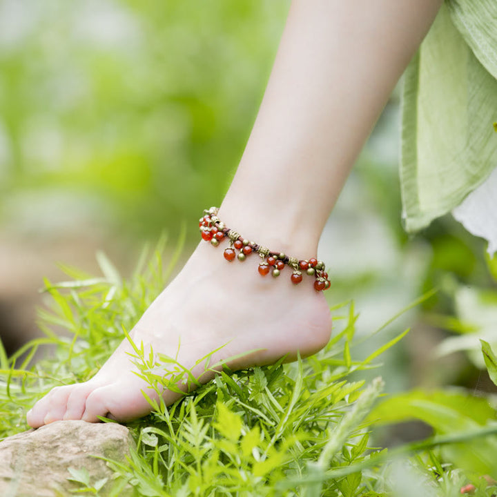 Olivenorma Red Agate Green Jade Woven Bead Anklet Bracelet