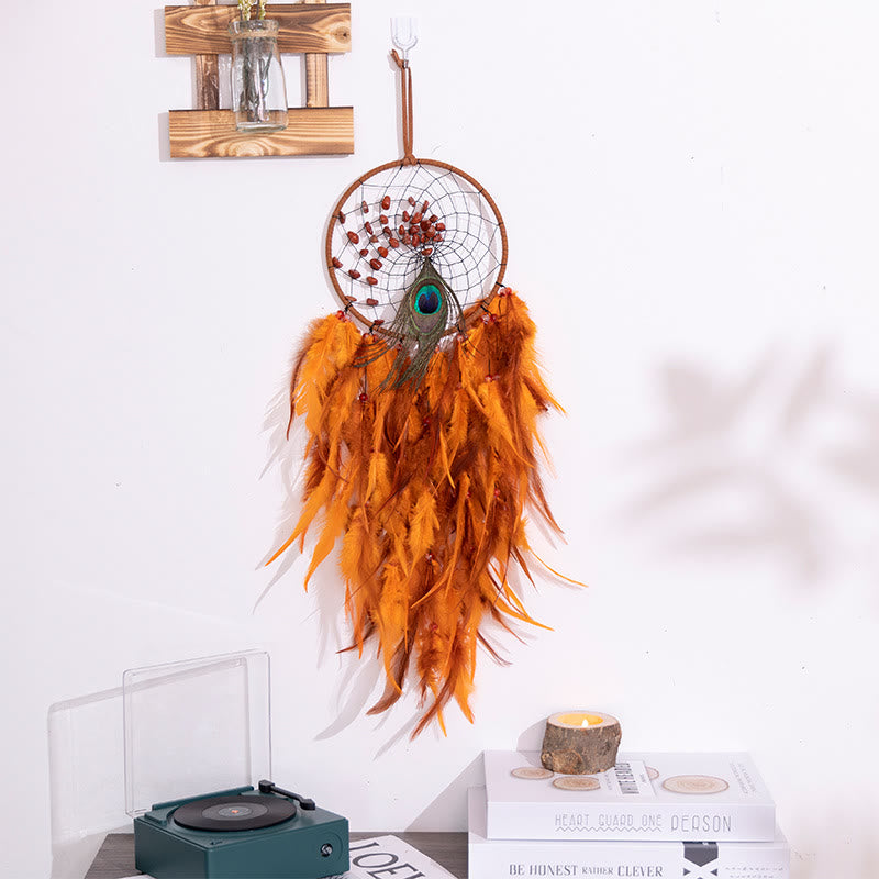 Olivenorma Red Agate Turquoise Peacock Feather Dream Catcher - Red Agate - Without Lights - image 2