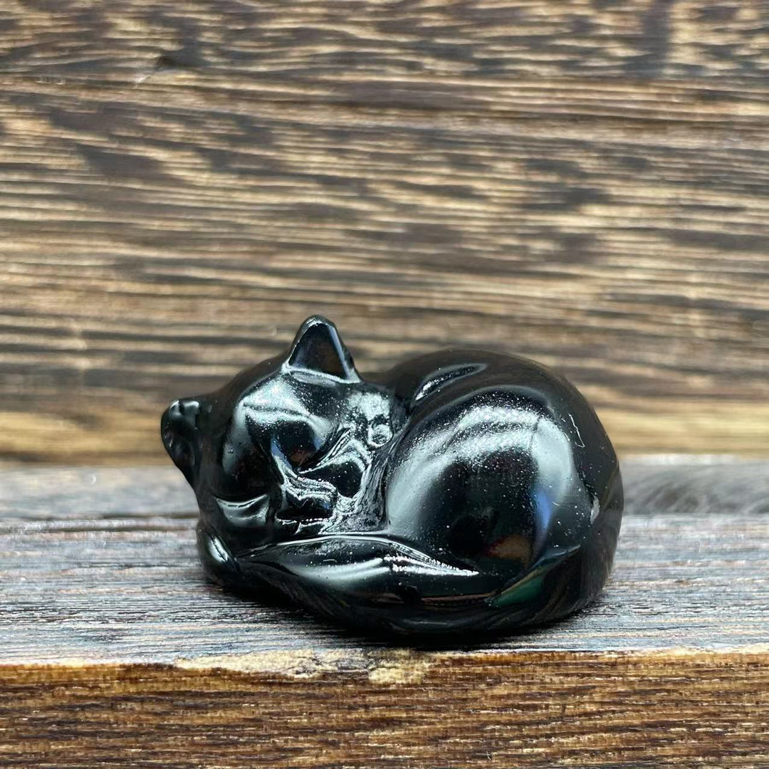 Olivenorma 4cm Natural Crystal Nap Cat Gemstone Decoration - Obsidian - image 2