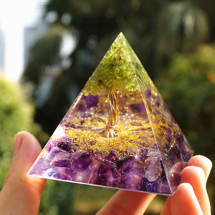 Olivenorma Peridot With Amethyst Tree Of Life Orgone Pyramid