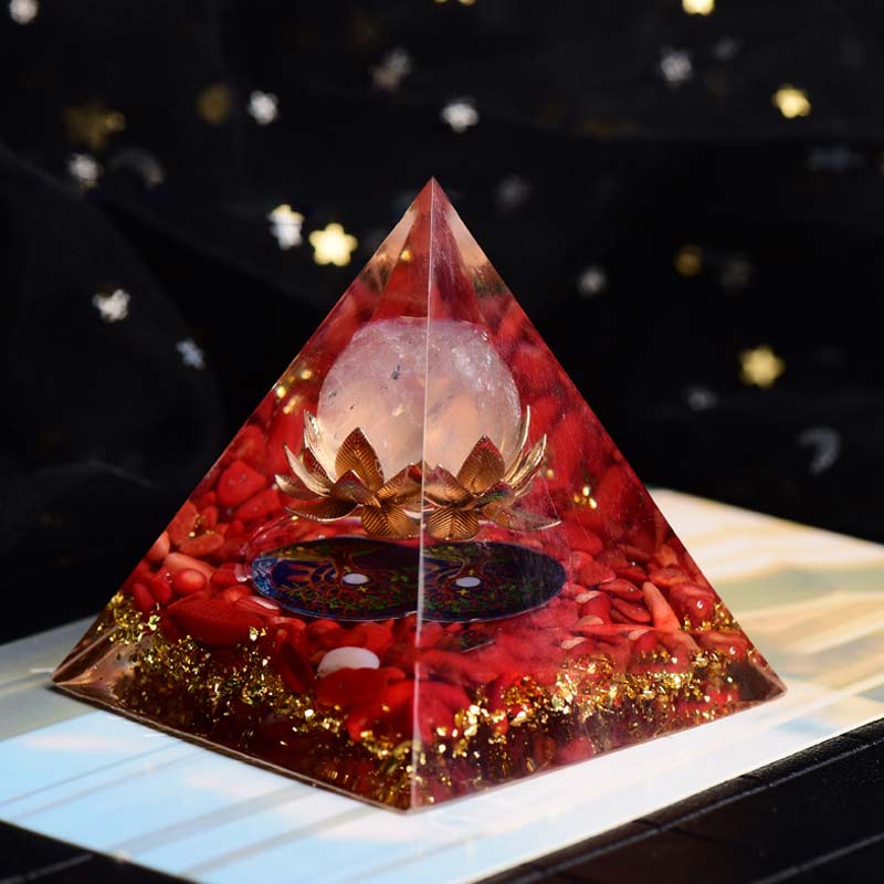 Olivenorma Red Coral Rose Quartz Lotus Symbol Orgone Pyramid