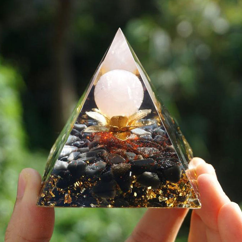 Clear Quartz Obsidian Lotus Symbol Orgone Pyramid