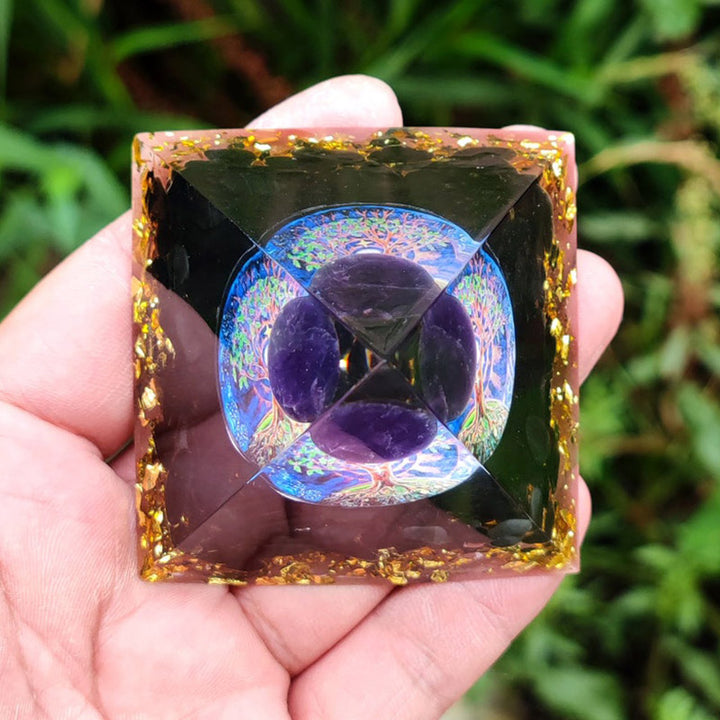 Olivenorma Amethyst Crystal Sphere with Obsidian Natural Crystal Orgone Pyramid