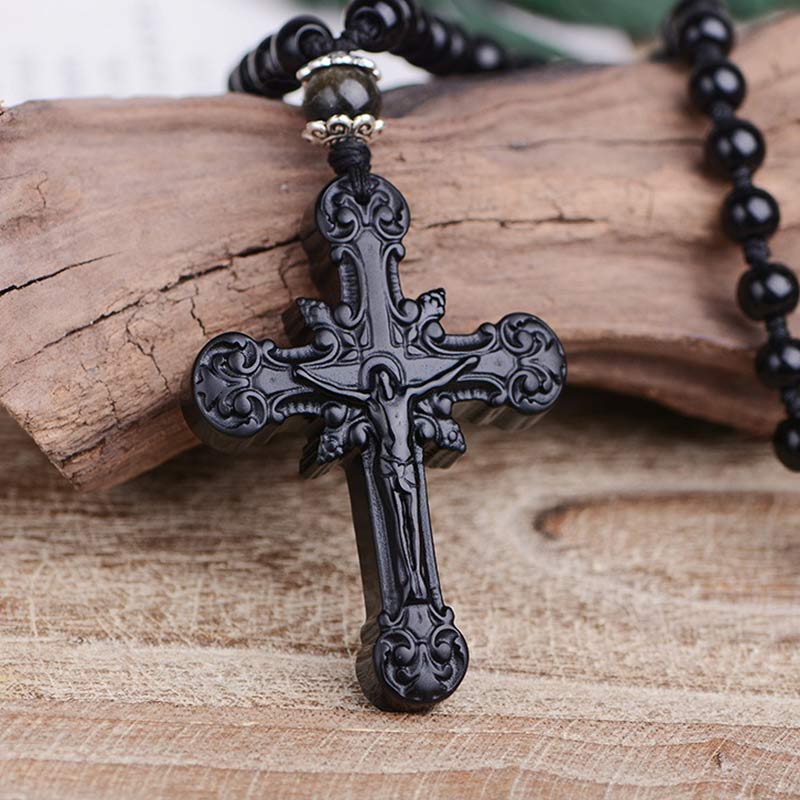 Olivenorma Obsidian Cross Symbol Necklace