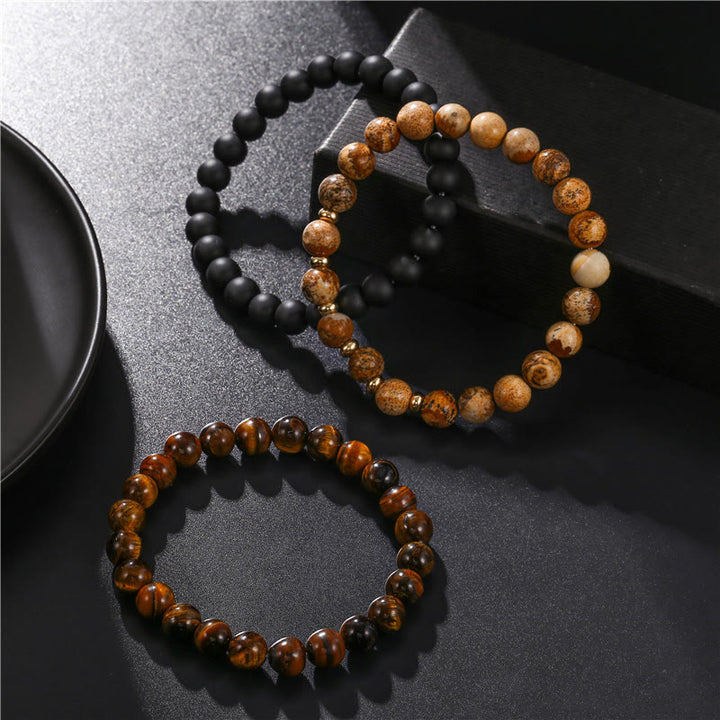 Olivenorma 3Pcs Picture Jasper Tiger Eye Black Onyx Beaded Bracelets