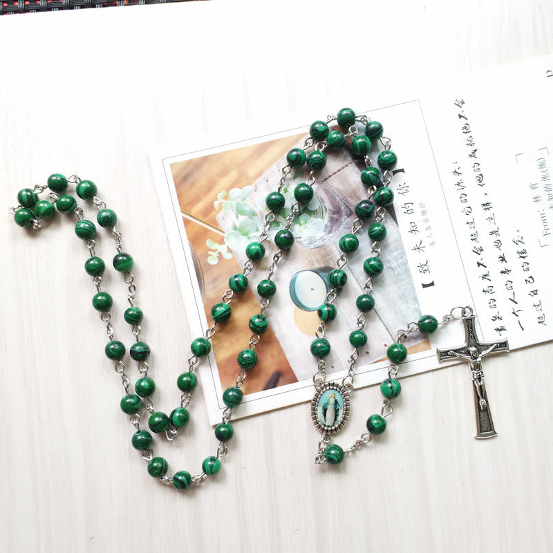 Olivenorma Malachite 6cm Bead Rosary Cross Pendant Necklace