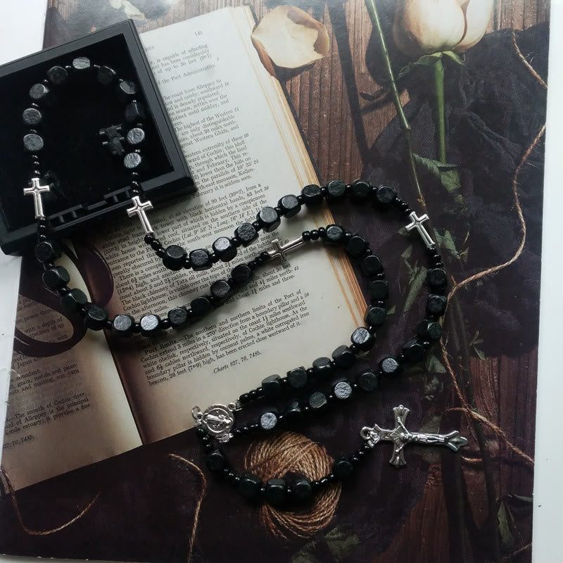 Olivenorma Black Square Wooden Cross Rosary Necklace