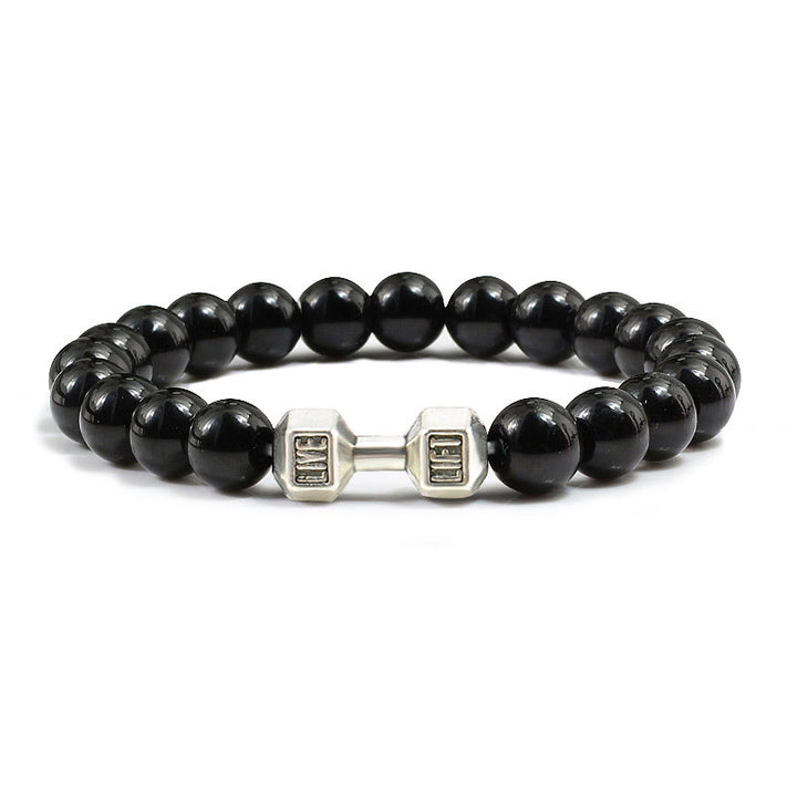 Olivenorma "Live Life" Dumbbells Natural Stone Beads Bracelet - Obsidian - Silver Barbell - 21cm - image 33