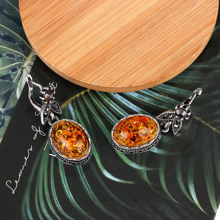 Retro Floral Silver Amber Earrings