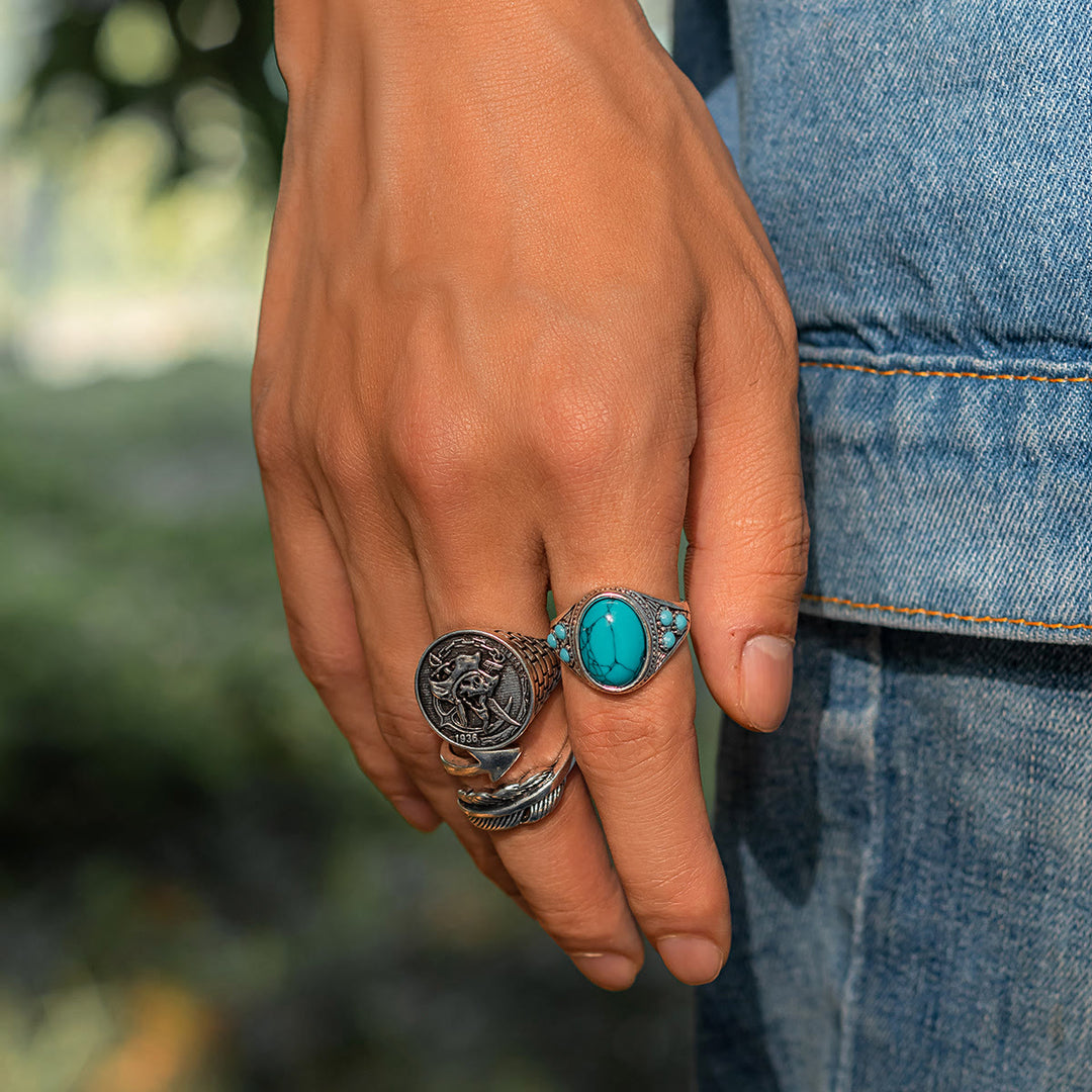 Olivenorma Turquoise Silver Arrow Feather Skull Ring Set