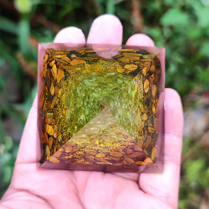 Olivenorma Tiger Eye with Peridot Tree Of Life Orgone Pyramid