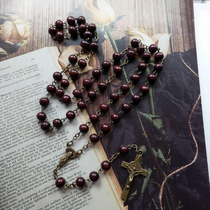 Olivenorma Wood Rosary Copper Cross Pendant Necklace