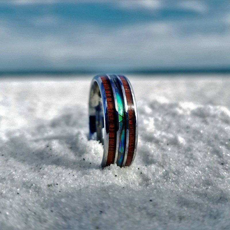 Olivenorma Koa Wood and Abalone Shell Tungsten Carbide Ring - image 5