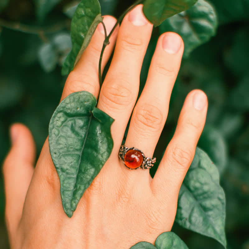 Antique Silver Amber Flower Ring