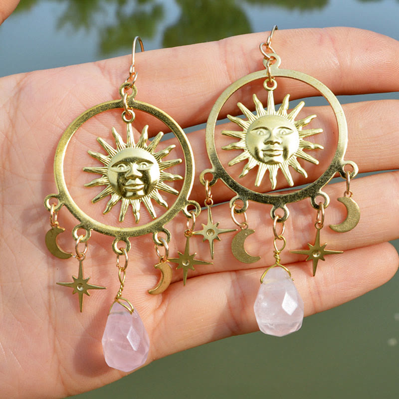 Olivenorma Natural Raindrop Crystal Gold Sun Moon Star Earrings