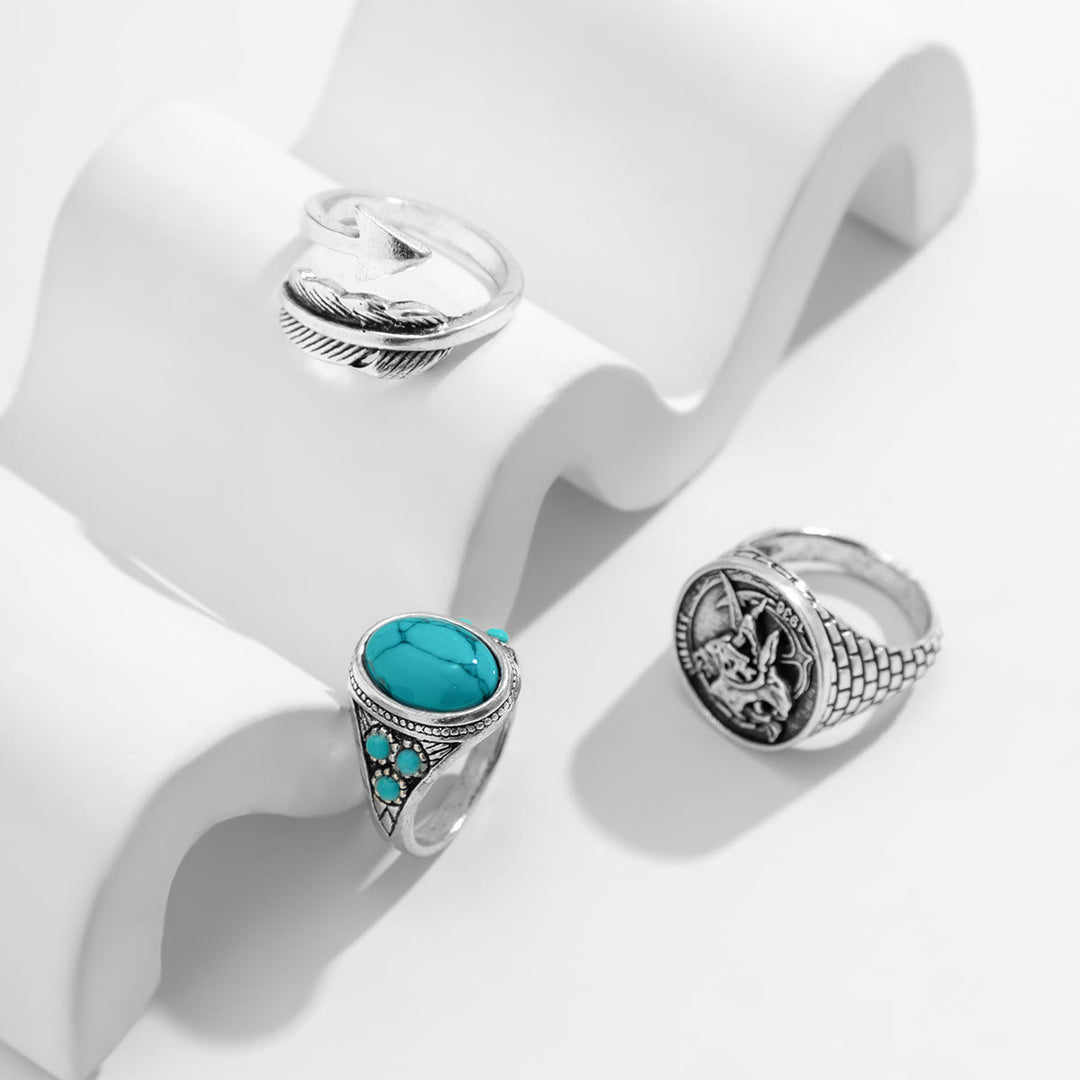 Olivenorma Turquoise Silver Arrow Feather Skull Ring Set