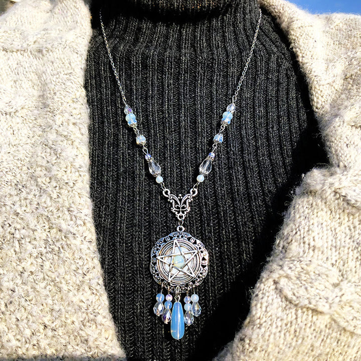 Olivenorma Witch Gothic Pentagram Opalite Star Crystal Beads Necklace