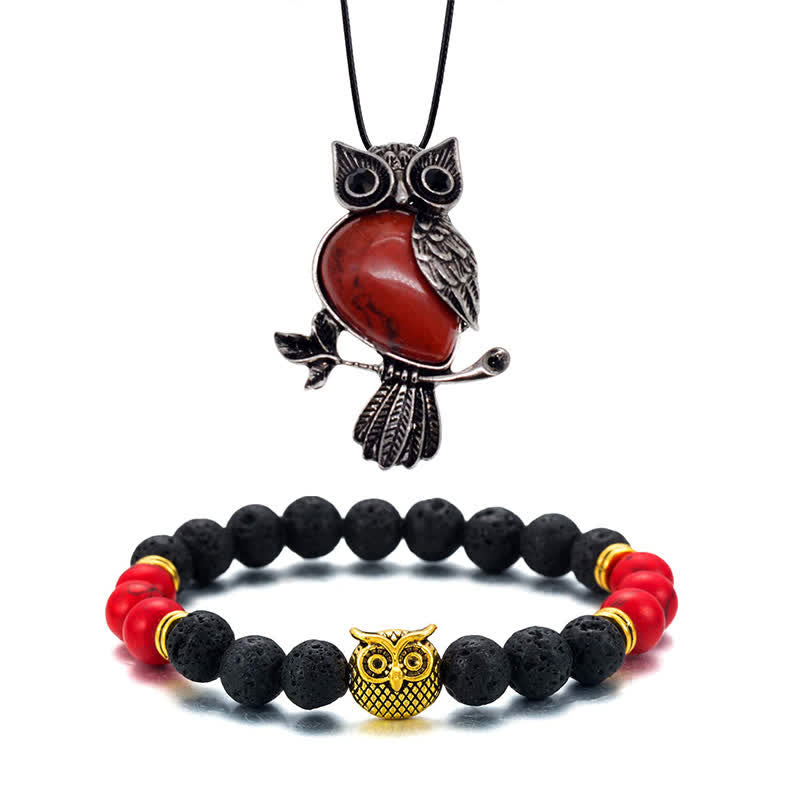 SPIRITUAL ENERGY - Owl Gemstone Necklace with Bracelet Gift Set - Red Jasper - Leather Chain - image 35