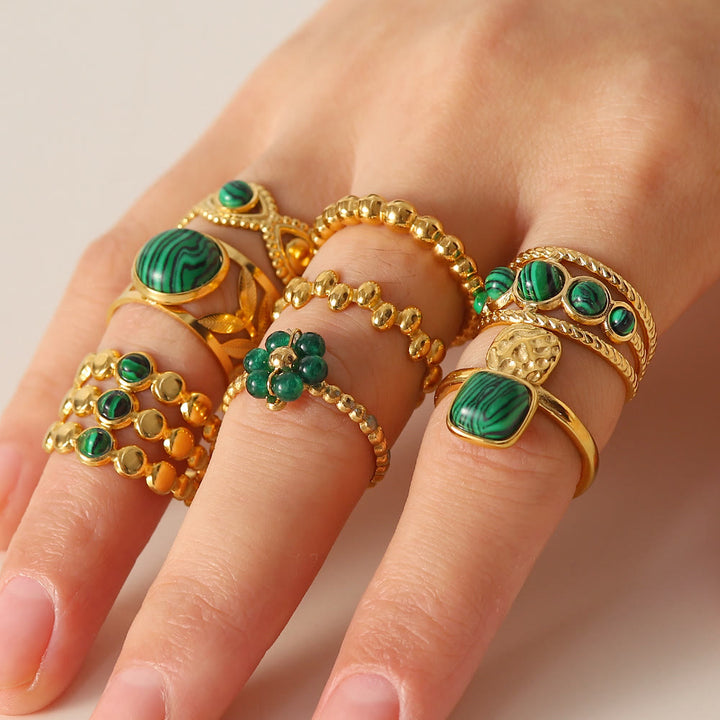 Olivenorma Gold Green Natural Malachite Open Ring Set