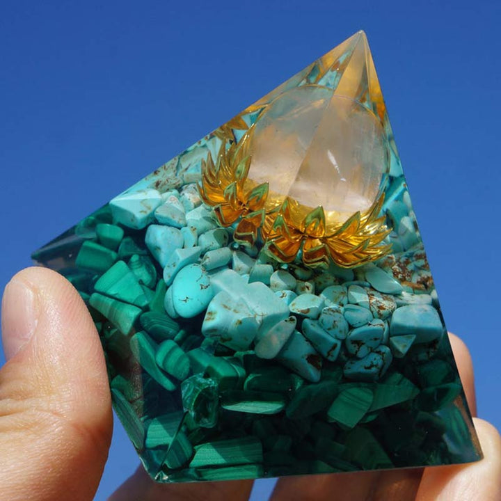 Clear Crystal Turquoise Malachite Lotus Symbol Orgone Pyramid