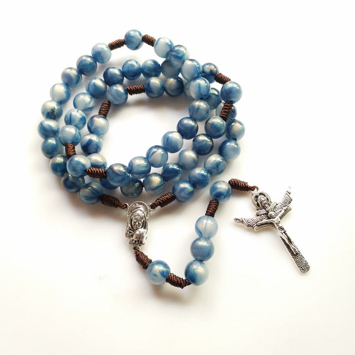 Olivenorma Blue Cat's Eye Stone Jesus Cross Rosary Necklace