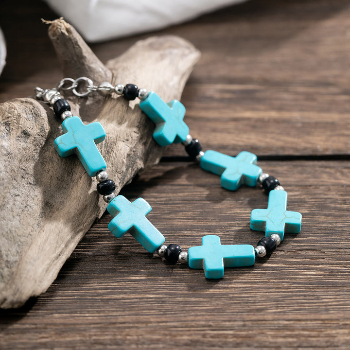 Olivenorma Natural Turquoise Cross Strand Mens Bracelet