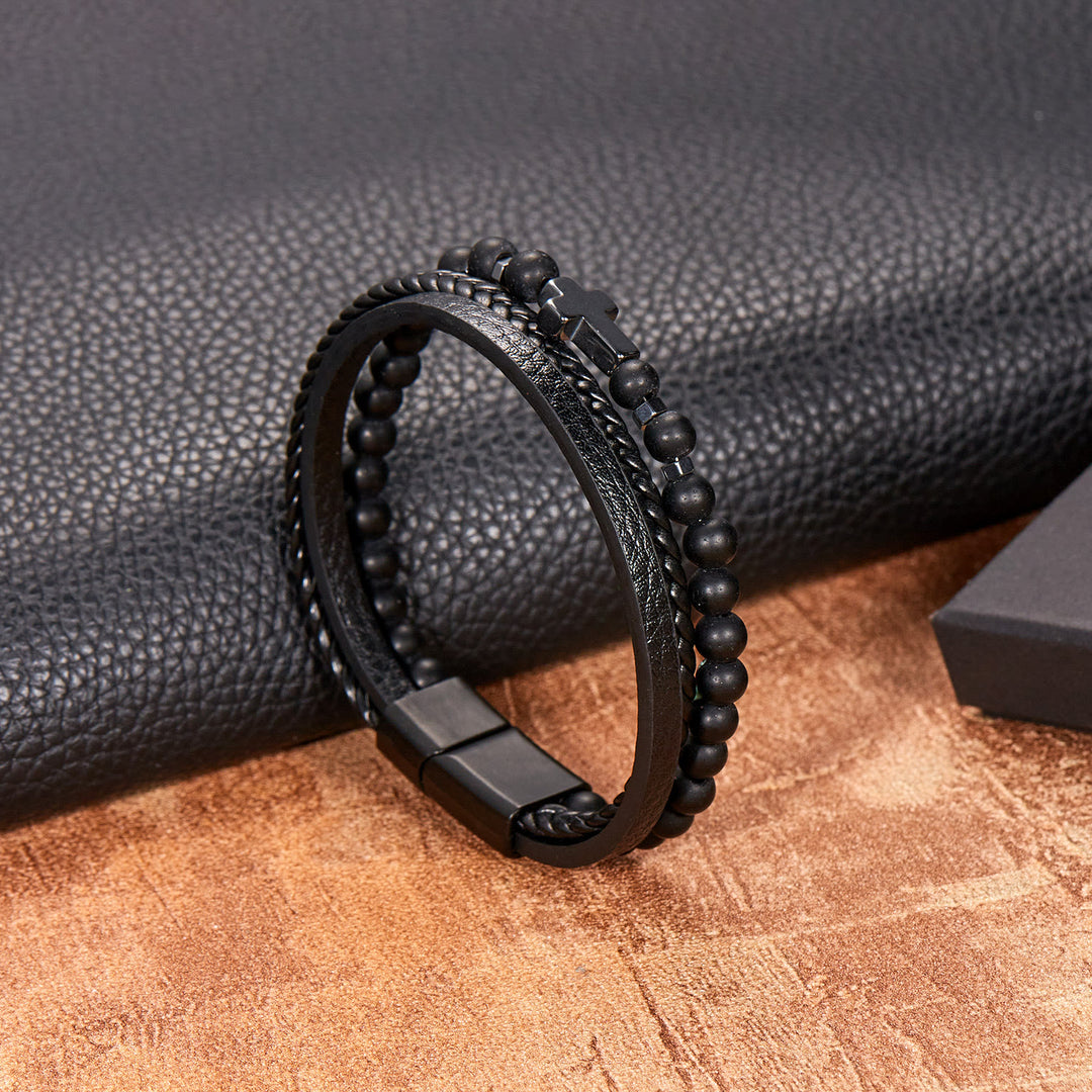 Olivenorma Natural Stone Beads Braided Leather Mens Bracelet - Obsidian - image 3