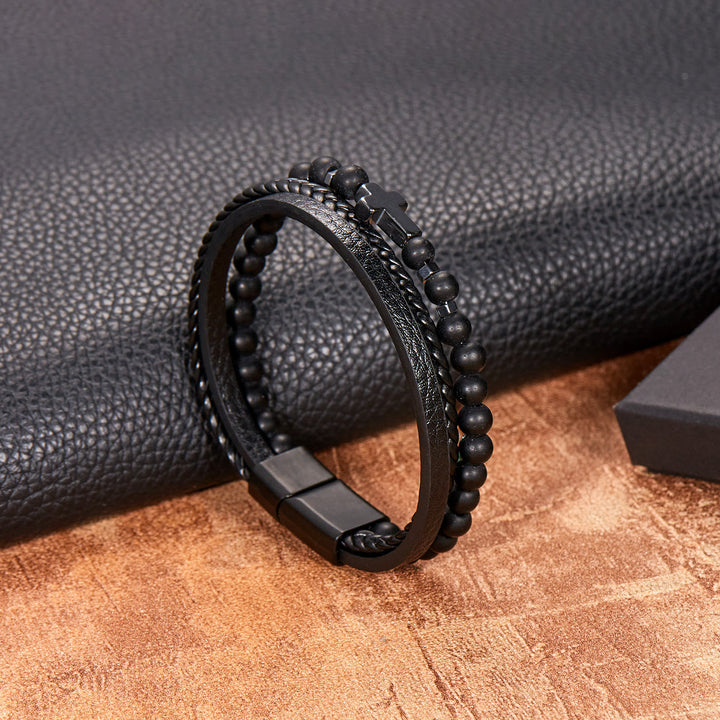 Olivenorma Natural Stone Beads Braided Leather Mens Bracelet - Obsidian - image 3