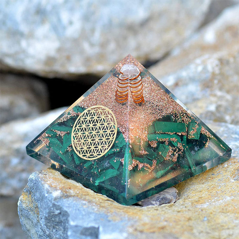 Olivenorma Malachite Flower Of Life Symbol Orgone Pyramid