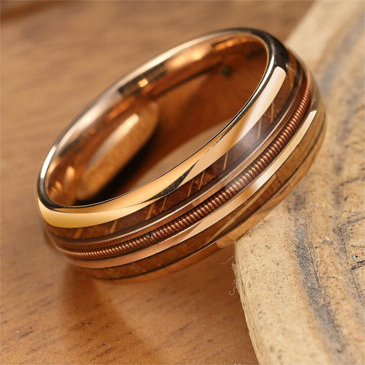 Olivenorma Gold Tungsten Carbide Guitar String Whiskey Barrel Wood Ring