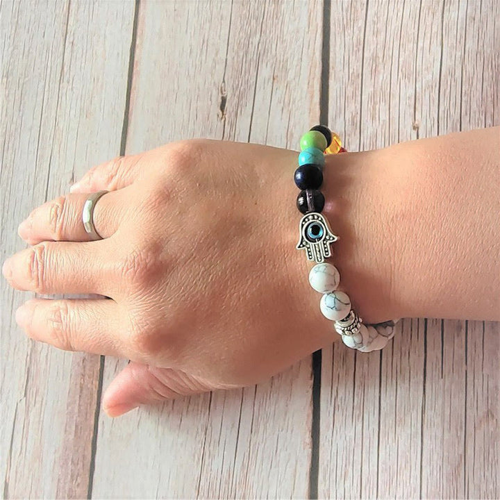 Olivenorma Colorful Chakra Evil Eye Hamsa Beaded Bracelet