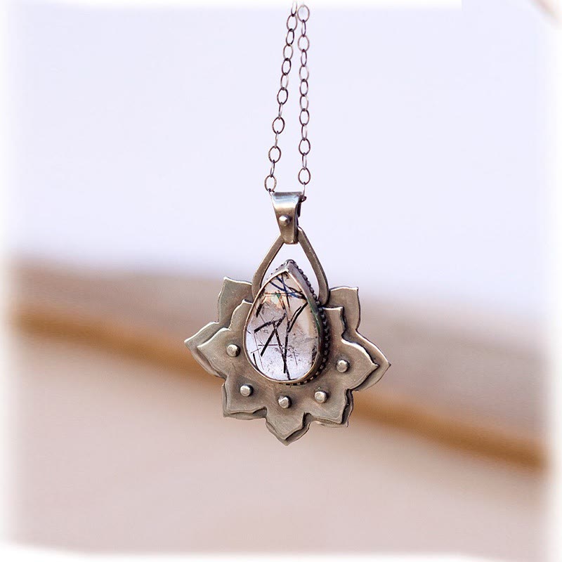 Olivenorma Double Lotus Drop Shaped Cat's Eye Stone Necklace