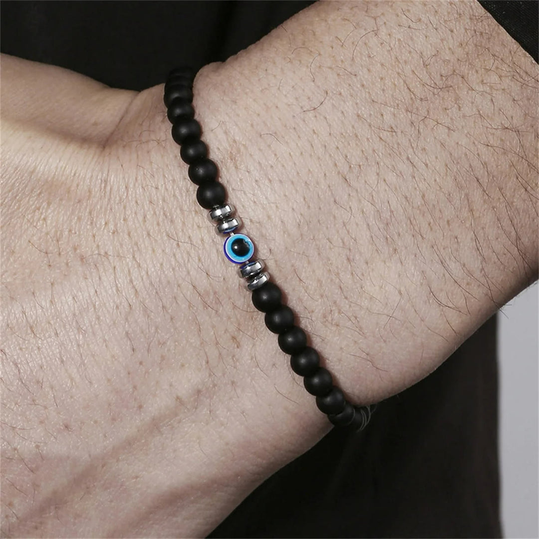 Olivenorma Mens 4mm Natural Stone Evil Eye Beads Bracelet - Black Onyx - image 0