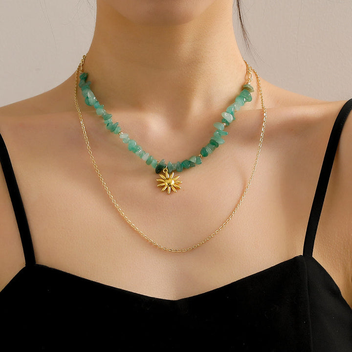 Olivenorma Natural Amazonite Sun Pendant Double Layer Necklace