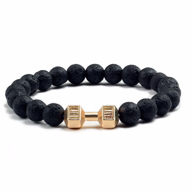Olivenorma "Live Life" Dumbbells Natural Stone Beads Bracelet - Lava Stone - Golden Barbell - 21cm - image 2