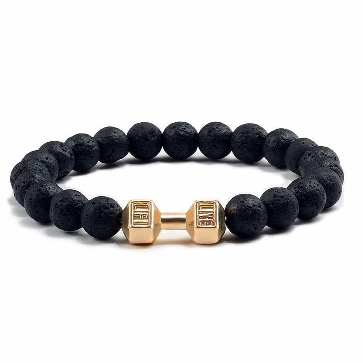 Olivenorma "Live Life" Dumbbells Natural Stone Beads Bracelet - Lava Stone - Golden Barbell - 21cm - image 2