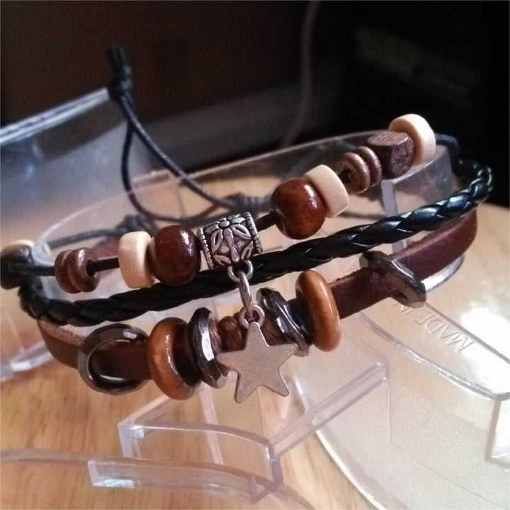 Olivenorma Cross Star Pendant Leather Braided Men Bracelet - Star - image 4